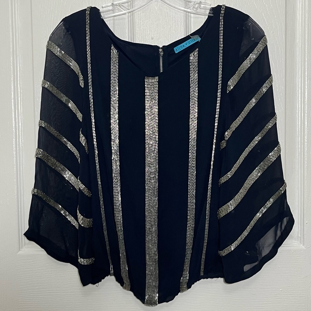 ALICE + OLIVIA Navy Silk 3/4 Sheer Sleeve Silver Beaded Blouse | size Small.